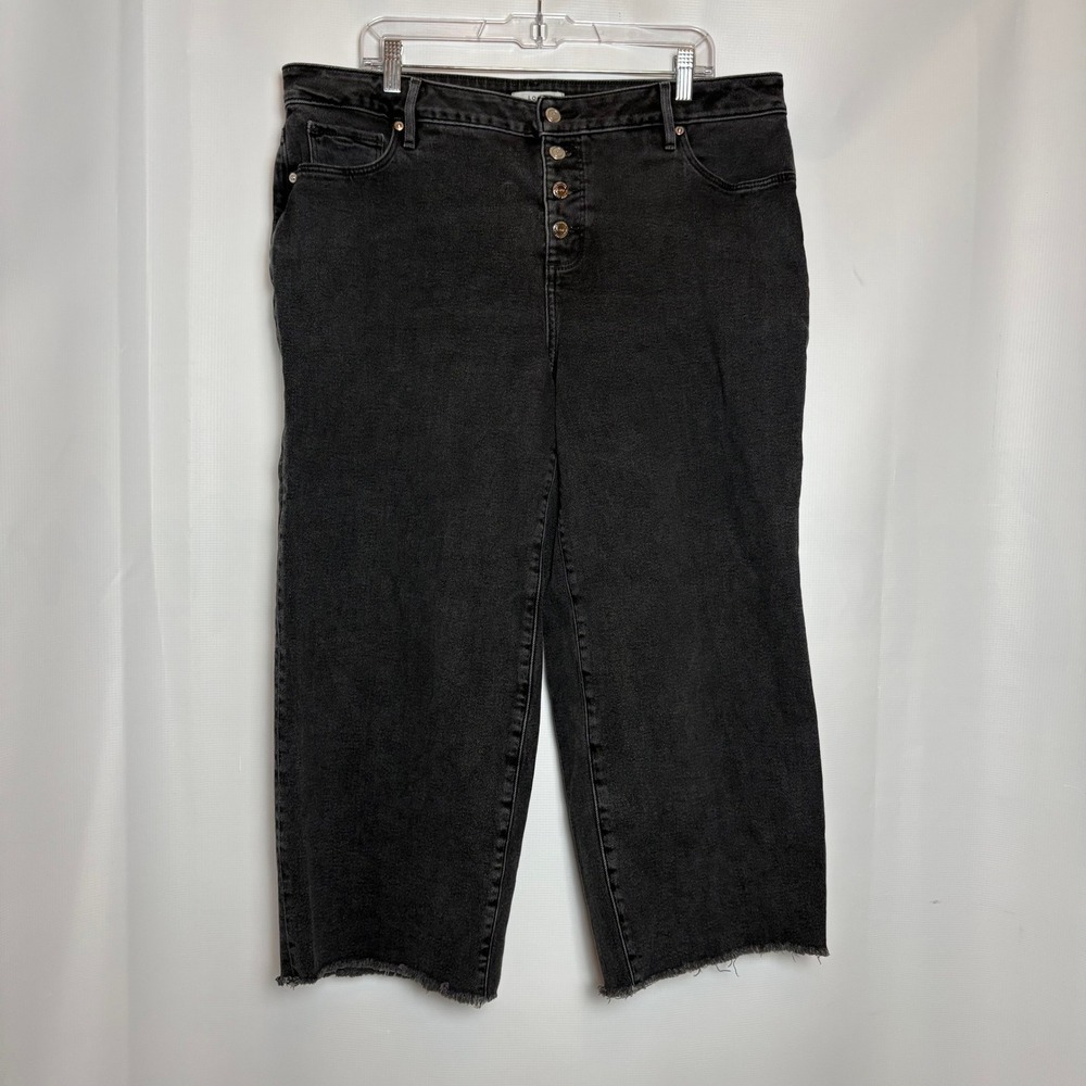 LOFT Plus‎ High Waist Wide Leg Crop Jeans Button Fly Black Denim